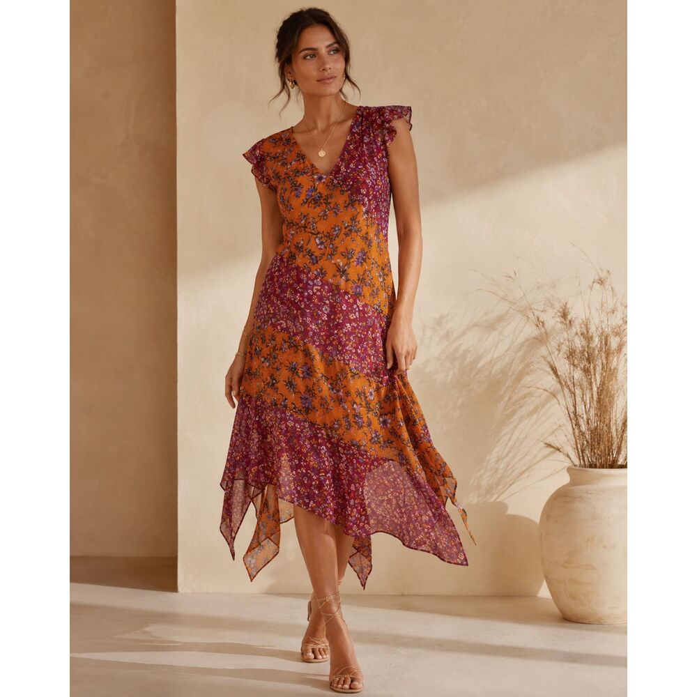 Anthropologie Floral Asymmetrical Dress 16W Wedding Cruise Boho Vacation Orange